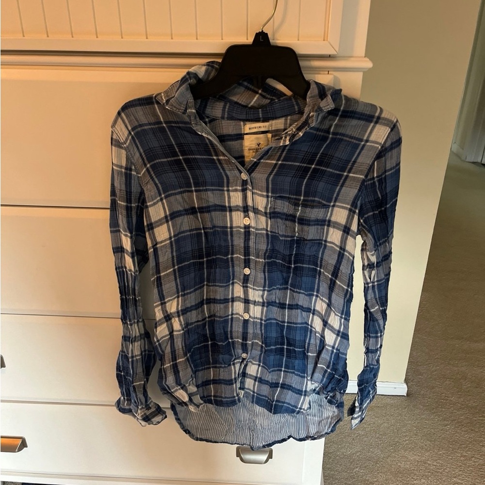 American Eagle Outfitters Navy and White Checkered Shirt